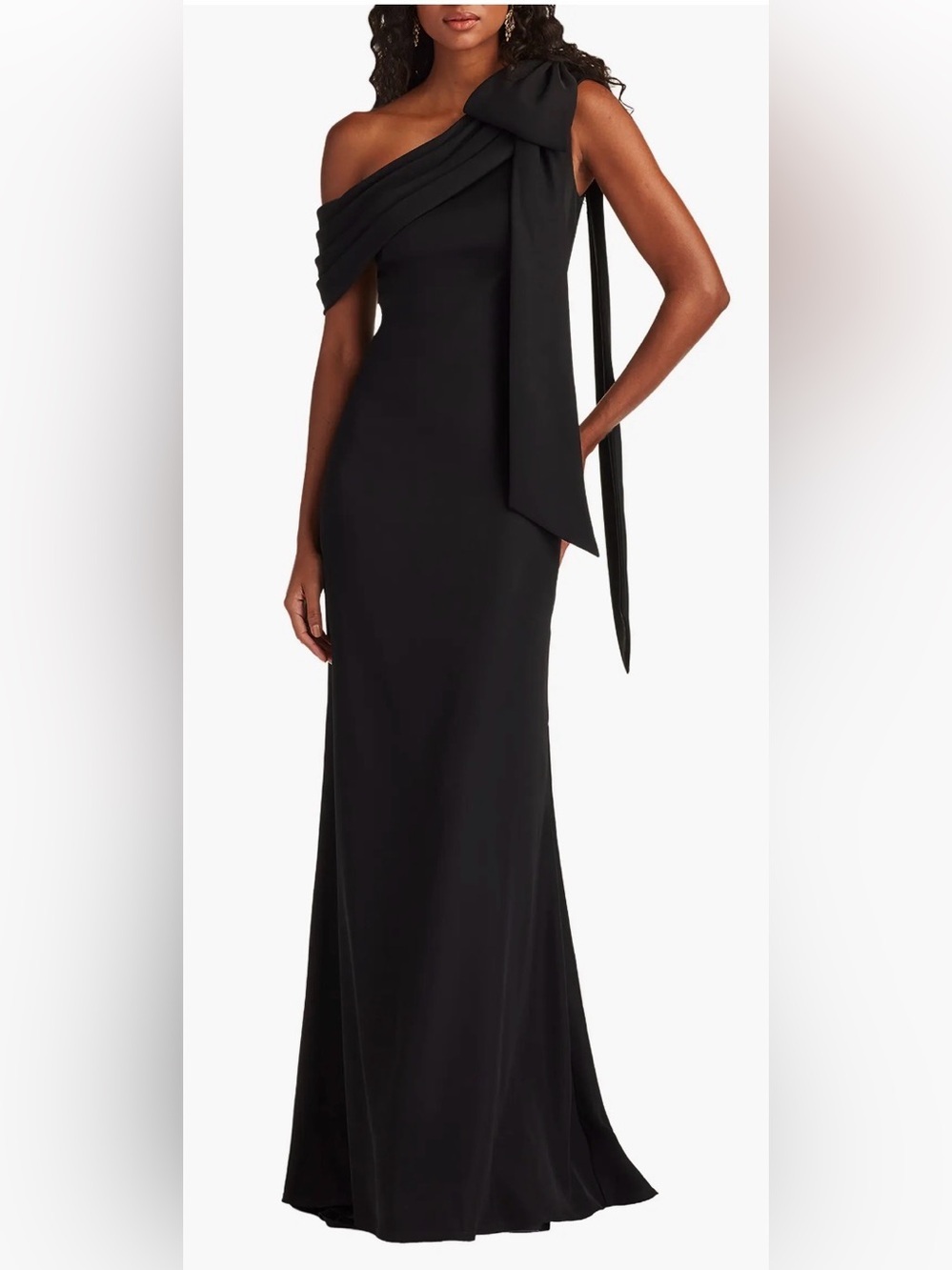 NEW Tadashi shoji One-Shoulder Bow Black Crepe Column Gown Sz 8